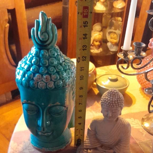 Teal Buddha Head Vase and White Buddha Statue - Picture 2 of 8